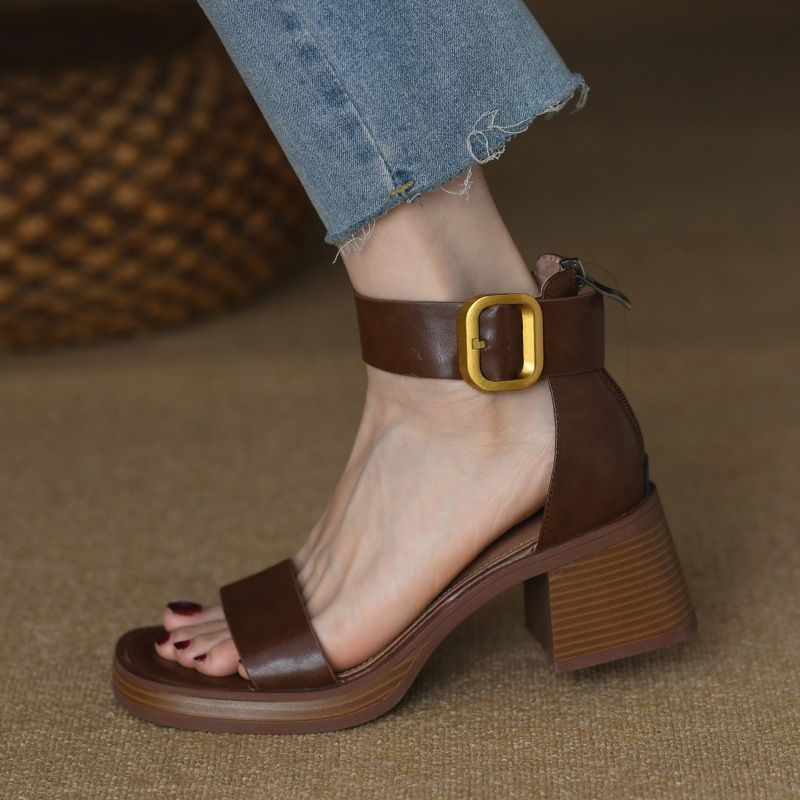 British Style Retro One-Strap Sandals For Women, Mid-Heel, Closed Back, Back Zipper, Open Toe, Summer Highs, Chunky_vogvips.com