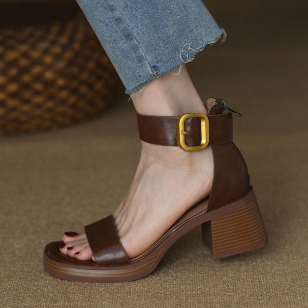 British Style Retro One-Strap Sandals For Women, Mid-Heel, Closed Back, Back Zipper, Open Toe, Summer Highs, Chunky_vogvips.com