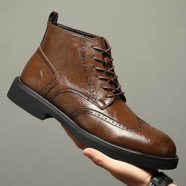 2026 Top High Men's Martin Brogue British Work Cowhide Handmade Casual Thick Sole Leather Boots With Fleece Lining_vogvips.com