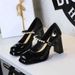 Women's Shoes Chunky Heel Mary Jane Shoes, Square Toe, Waterproof Platform, Low Mouth, Color Block, One Strap Pearl High Heel Single Shoes_vogvips.com