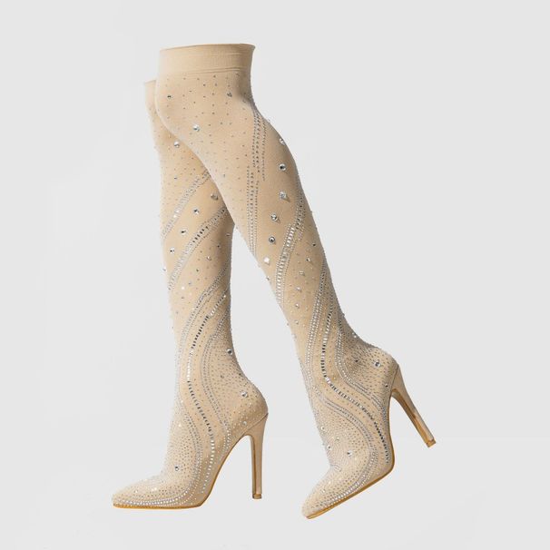Elegant Pointed-Toe High Heel Boots With Rhinestone Patterns - Stretchy & Stylish Women's Fashion Boots For Streetwear & Outdoor"_vogvips.com