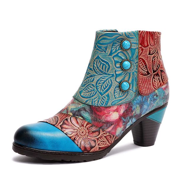 Blue Dream Butterfly Autumn Winter Low Tube Contrast Color Leather Patchwork European American Vintage Fashion Boots_vogvips.com