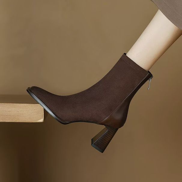 Winter High Heeled Ankle Boots For Women Square Toe Slimming Fashion Suede Patchwork Zipper Retro Chunky Heel Plus Size_vogvips.com