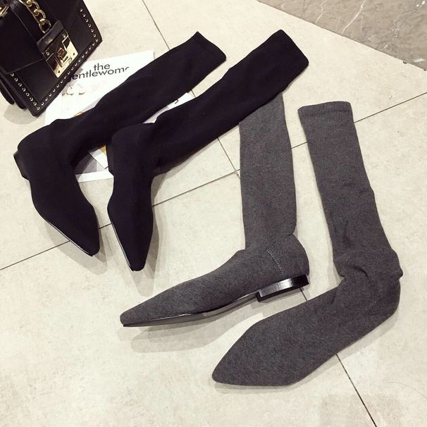 Trendy Winter Flat Long Knitted Wool Women's Shoes Socks Pointed Toe Elastic Chunky Heel Martin Boots_vogvips.com
