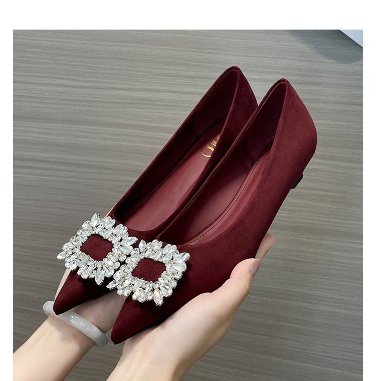 Women's French Style Low Heeled Single Shoes Black Versatile For Spring Autumn Winter Retro Rhinestone Temperament_vogvips.com
