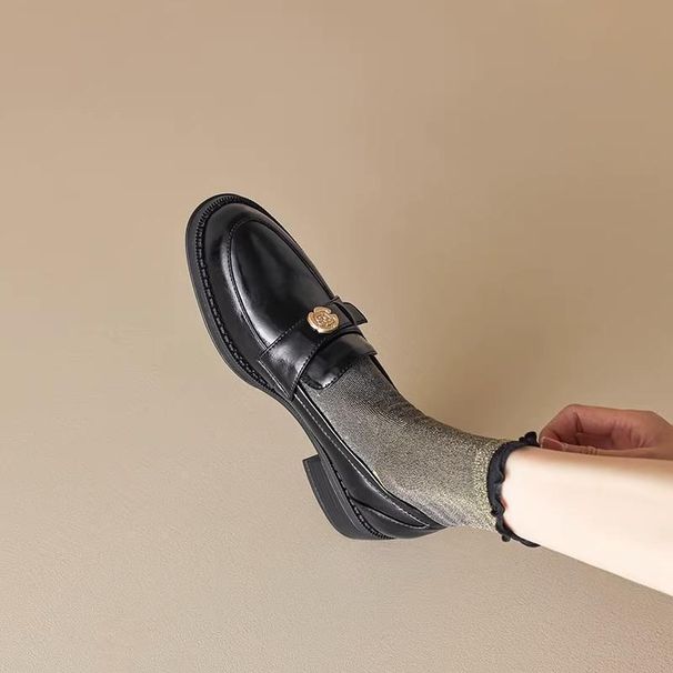 French Retro British Style Chunky Heel Loafers For Women, Soft Leather Slip-on With Camellia Decoration, Spring And_vogvips.com
