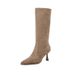 Women's Stacked Heel Western Boots - Mid Calf Cowboy Boots With Pointed Toe & Stitching Detail, Slenderizing Fashion Boots In Beige/Black"_vogvips.com