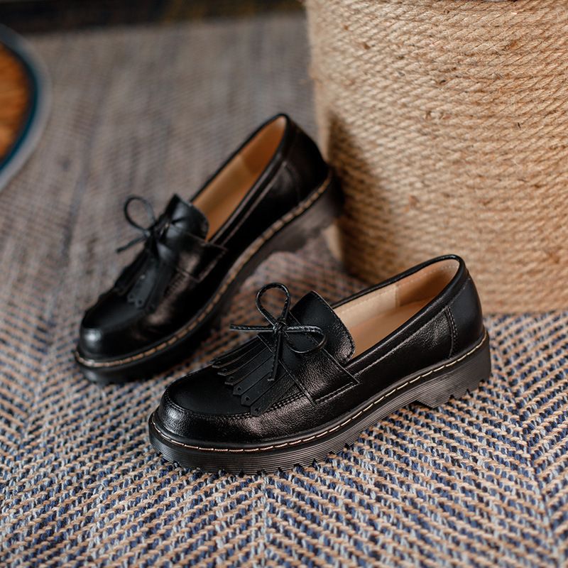 Women's Shoes Retro Thick Soled Chunky Heeled Leather Shoes Bowknot Tassel Loafers Slip On Lazy Round Toed Single Shoes For Women_vogvips.com