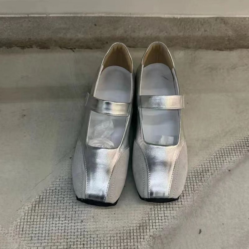 In Stock Silver Shallow Mouth Flat Ballet Mid Heel Small Square Toe Single Lazy Style Korean Retro German Training Shoes_vogvips.com