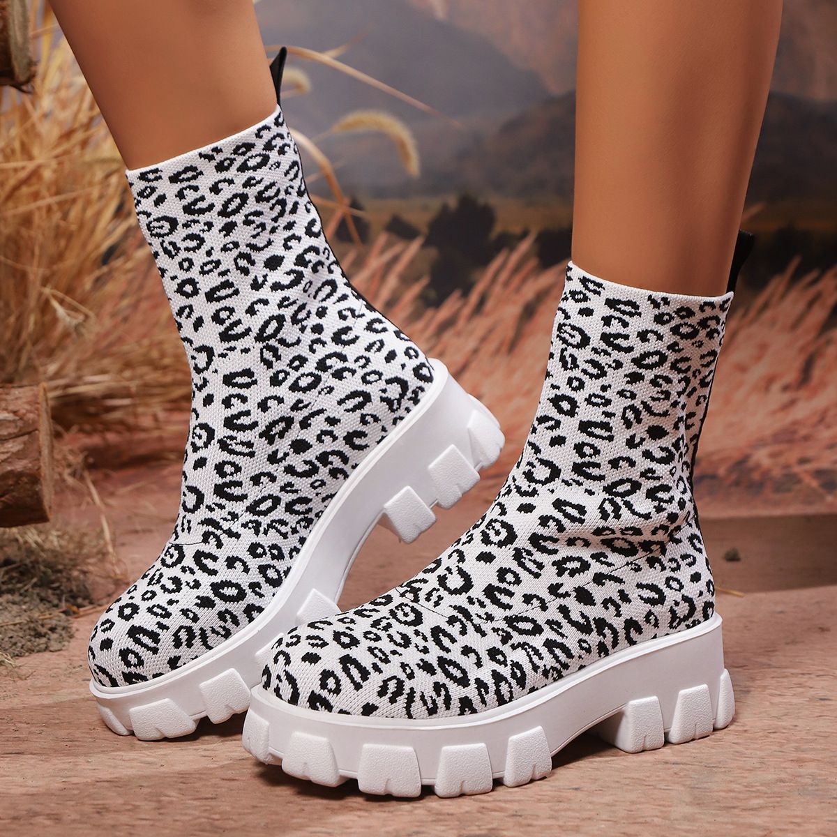 Women's Slimming Platform Elastic Boots, Autumn Leopard Print, Chunky Heel, Plus Size, Mid Calf Sock Boots._vogvips.com