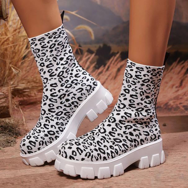 Women's Slimming Platform Elastic Boots, Autumn Leopard Print, Chunky Heel, Plus Size, Mid Calf Sock Boots._vogvips.com