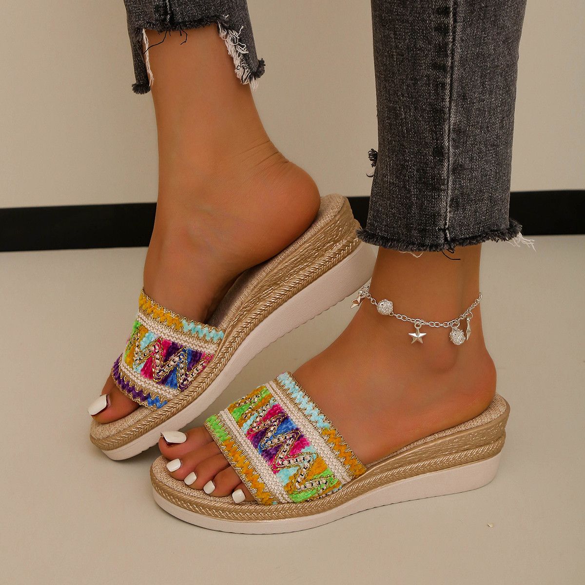 Women's Shoes Wedge Heel Ethnic Style Thick Bottom Fish Mouth Sandals For Women Summer Color Large Size Rope Beach Shoes_vogvips.com