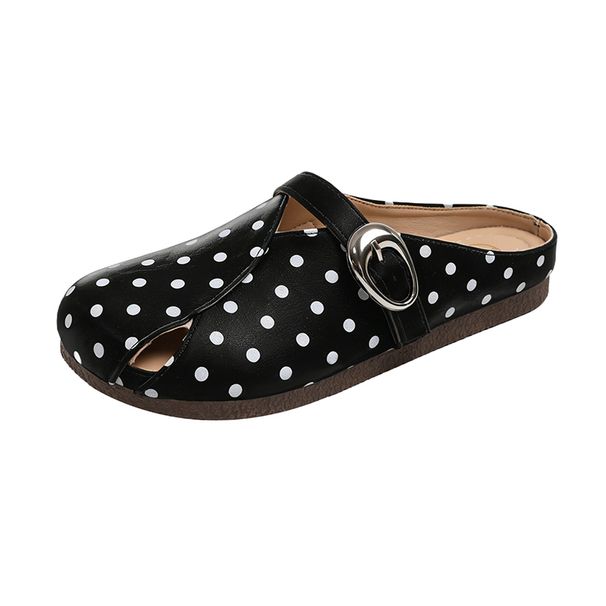 Retro Split-toe Low-heeled Soft Leather Versatile Casual Polka Dot Slip-on 2.5 Cm Wedge Style Open-back Half-toe Shoes_vogvips.com