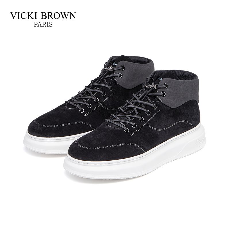 VICKI BROWN Men's Black Suede High-Top Sneakers, Comfortable Casual Platform Shoes_vogvips.com