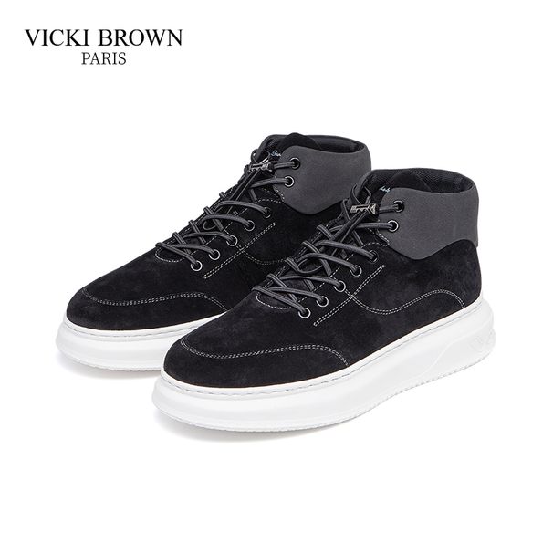 VICKI BROWN Men's Black Suede High-Top Sneakers, Comfortable Casual Platform Shoes_vogvips.com