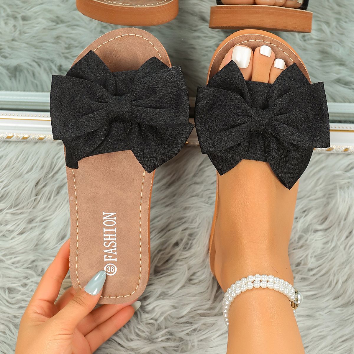 Women's Leather Wedge Sandals Black Bow Tie Summer New Beach Trips Outdoor Wear Casual Comfortable Shoes_vogvips.com