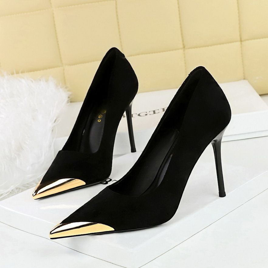 Women S High Heels Suede Shallow Mouth Metal Pointed Iron Thin Shoes_vogvips.com