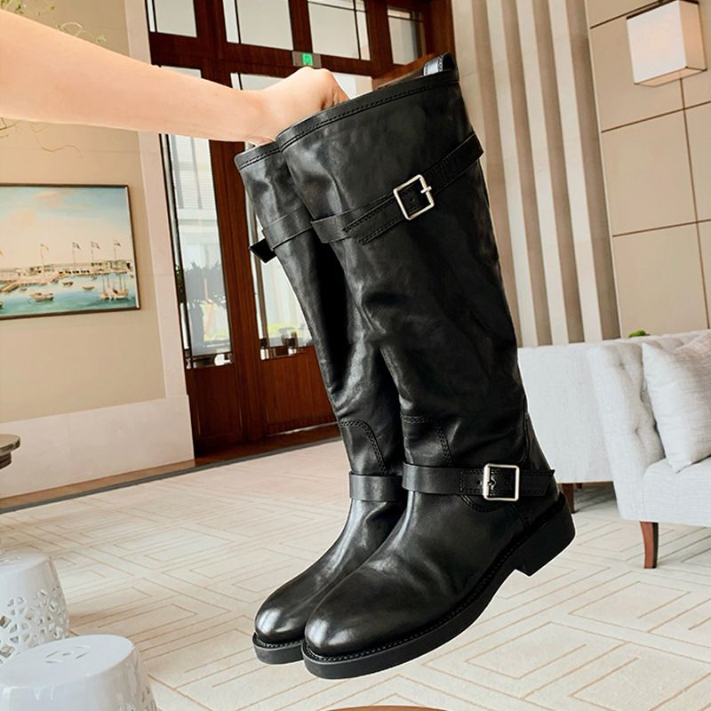 Autumn And Winter New Leg Essence Out On The Street~ Fashionable Round Toe Fashionable Belt Buckle Thick Heel Boots Female High Knight Boots_vogvips.com