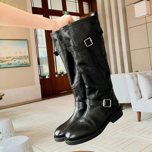Autumn And Winter New Leg Essence Out On The Street~ Fashionable Round Toe Fashionable Belt Buckle Thick Heel Boots Female High Knight Boots_vogvips.com