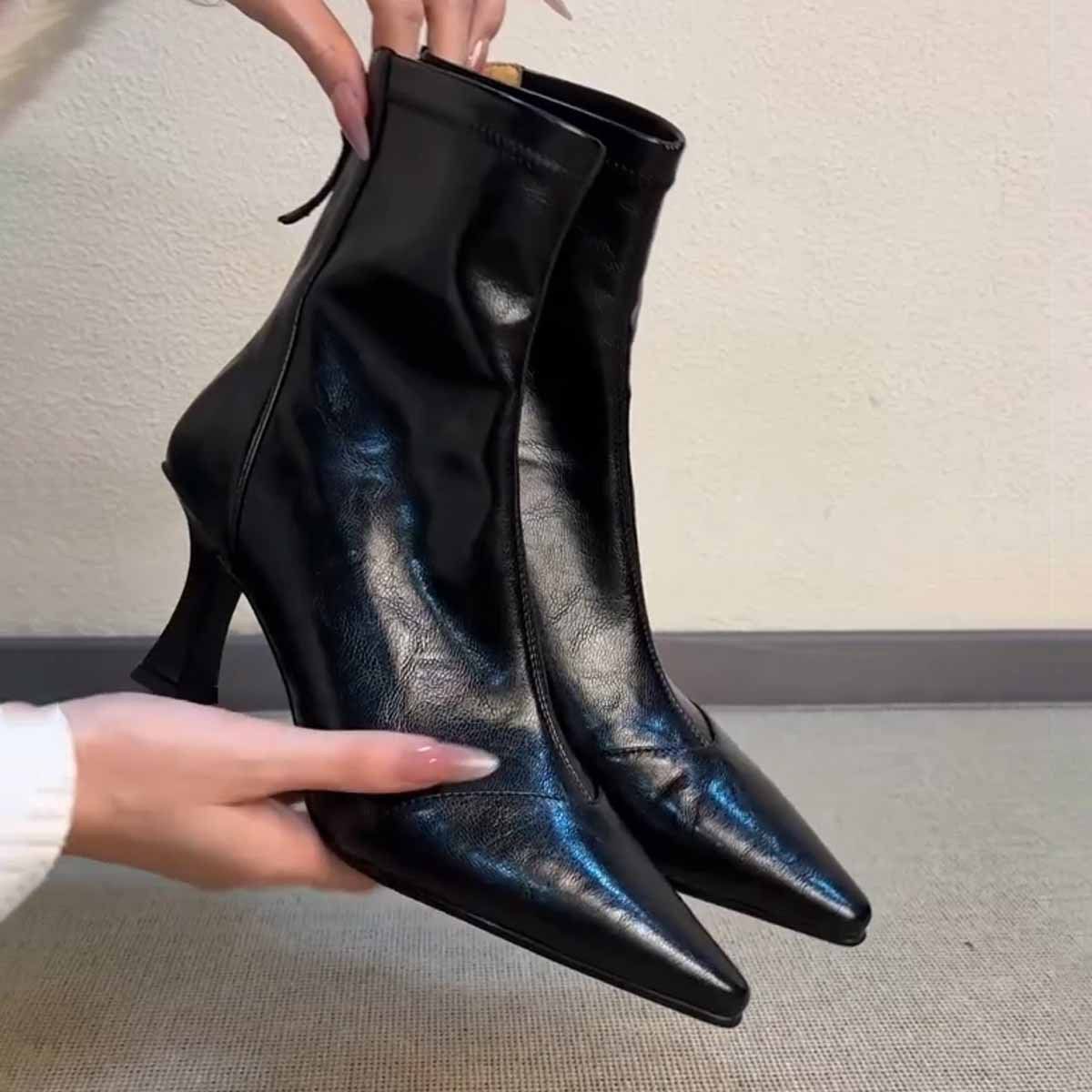 WalkPrime Cowhide Version~ High Pointed Toe Short French Style Thin Heel Stretch Women Versatile Soft Zipper Genuine Leather Slim_vogvips.com