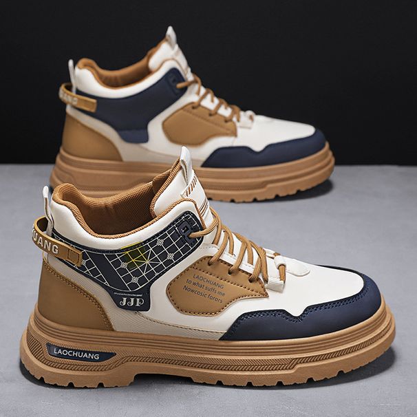 European Warm Series Patchwork Martin Autumn Winter New Thick Sole Height Increasing Lace-up Outdoor Sports Leather Men's Boots_vogvips.com