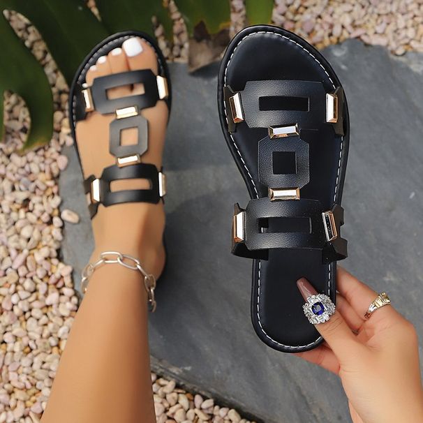 Cross-border European American Style Flat Roman Sandals For Women, New Summer Model With Metal Buckle Decoration,_vogvips.com