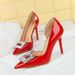 638-K50 Fashion Socialite Pointed High Heels Patent Leather Shiny Surface Fine Order Rhinestone Shallow Mouth_vogvips.com