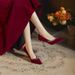 Rhinestone Flower High Heels Xiuhe Wedding Bride 2025 Suede Red Shallow Mouth Stiletto Pointed Toe Banquet Dress Shoes_vogvips.com