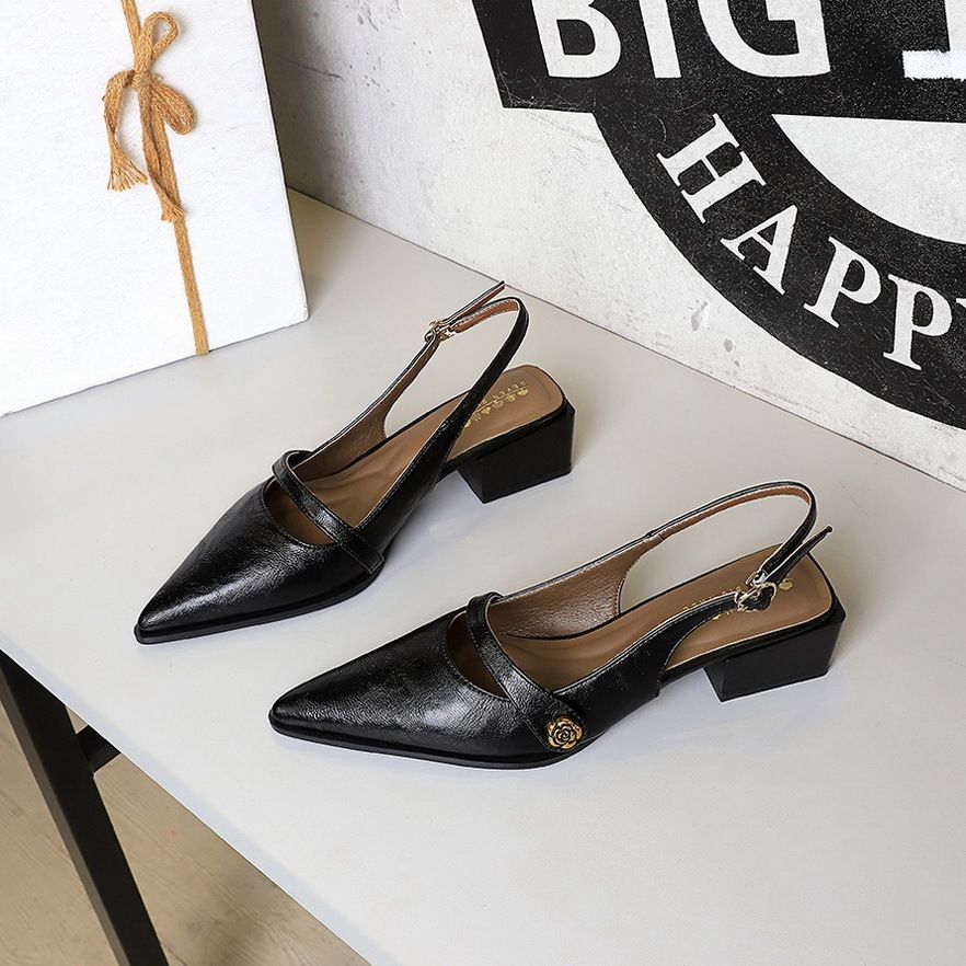 Women's Retro Brown Camellia Peep-Toe Strappy Low Block Heel Sandals - Pointed Toe, Hollow-Out Design Rubber Sole Thick Heel Low Heel Empty Back Strap_vogvips.com