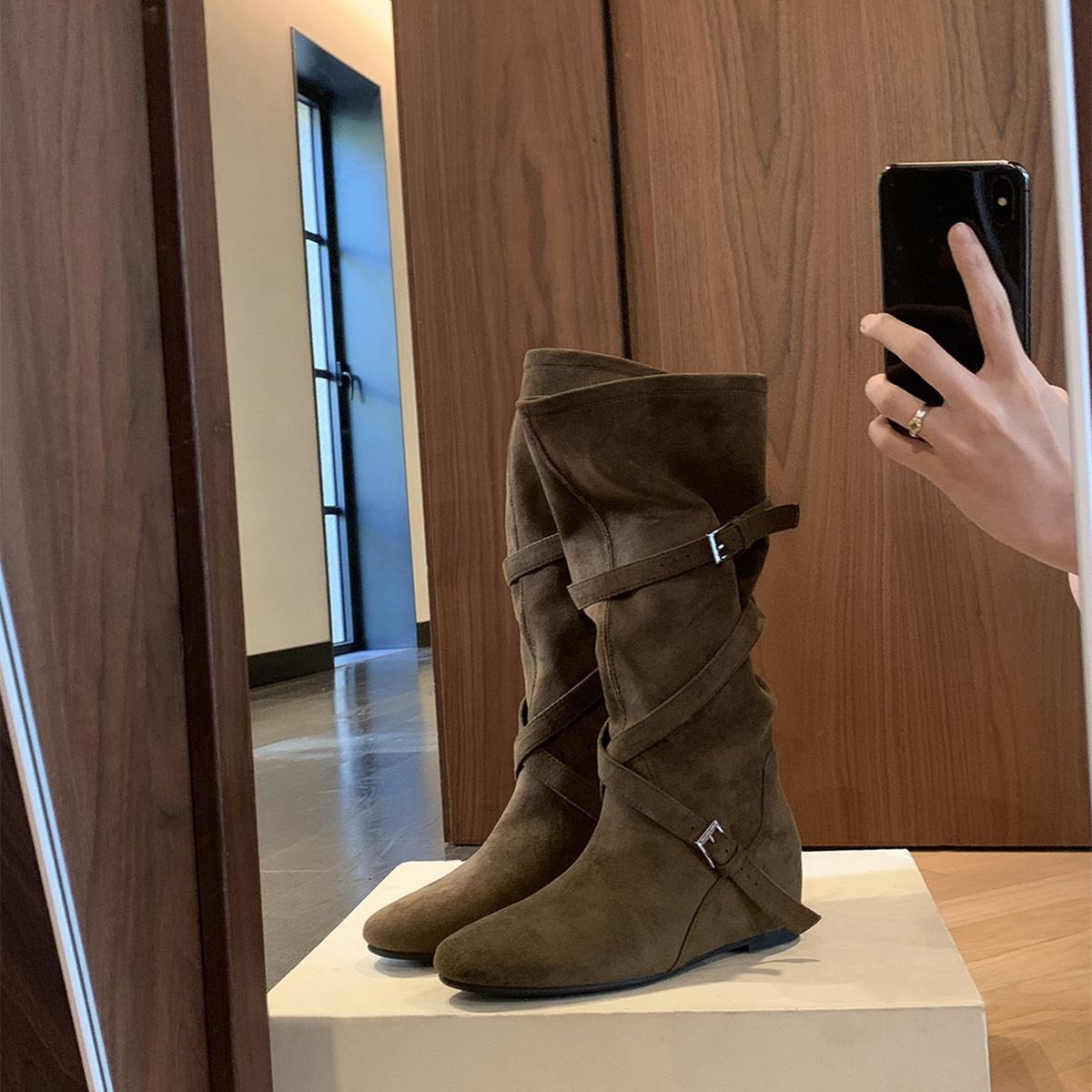 Correct Logo 1 New Matte Height-Increasing 6cm~ Korean Style Round Toe Buckle Soft Wrinkle Slimming High Boots For Women Autumn 6cm~_vogvips.com