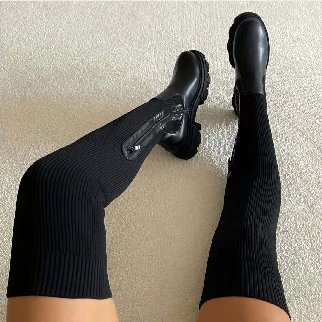 Autumn And Winter Thick Soled Knee Boots For Women With Elastic Fly Knitted Wool High Boots, Round Toe Breathable Single_vogvips.com