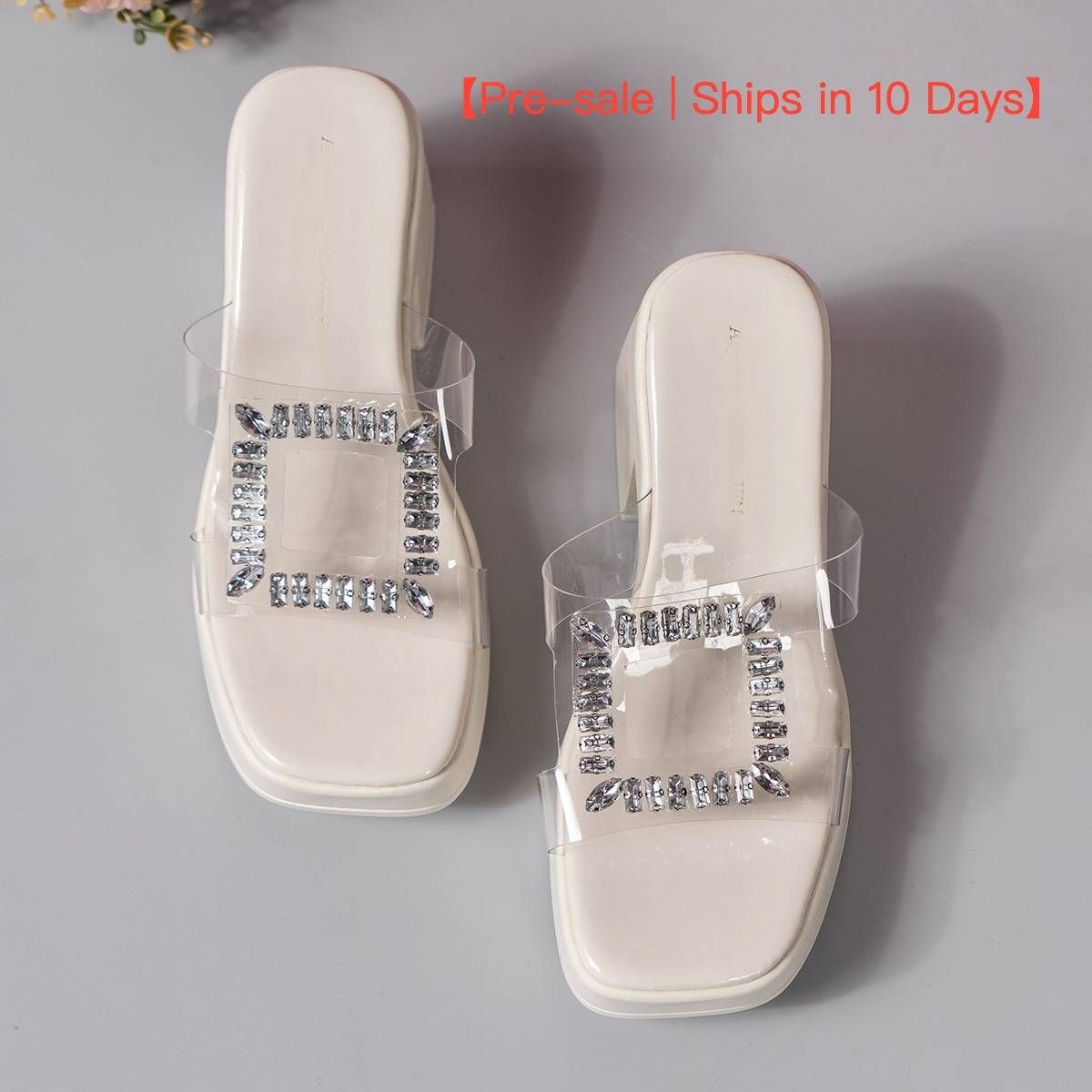【Pre-sale | Ships In 10 Days】The New Fashion Rhinester Transparent One Word With Waterproof Platform Thick Sole High Heel Slippers Woman_vogvips.com