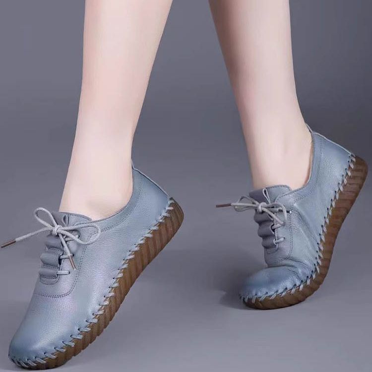 Lace Up Flat Sole Women's Handmade 2025 Autumn Edition Round Toe Soft Leather Casual Black Sports Shoes_vogvips.com
