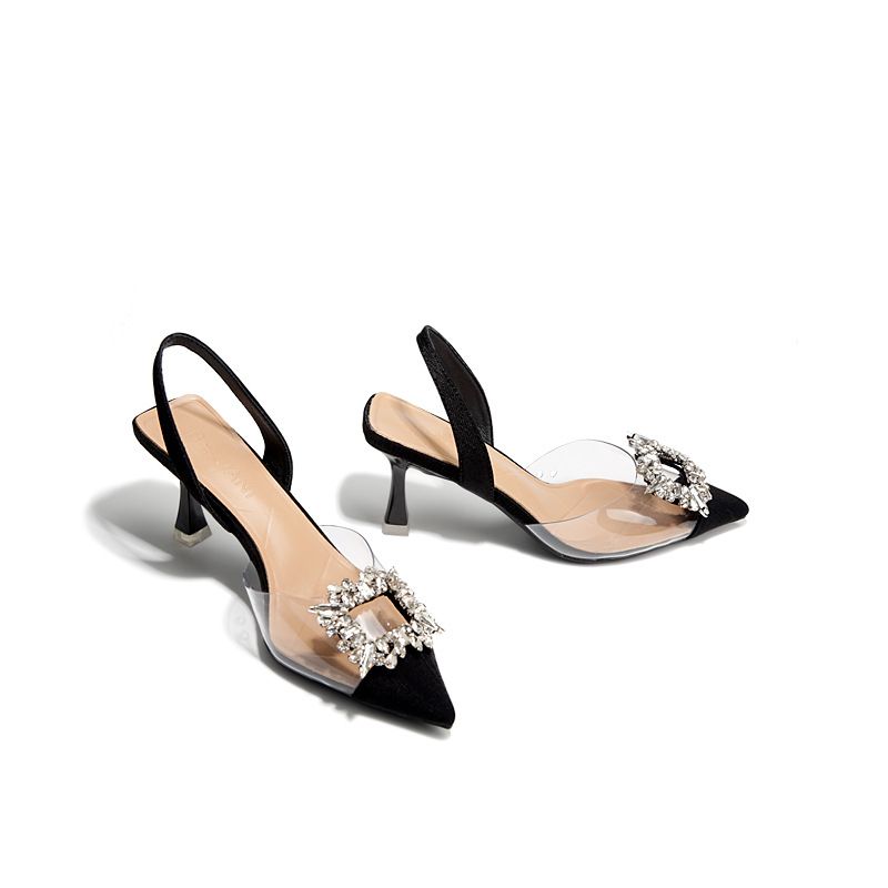 Summer New Fashion Rhinestone Square Buckle Transparent Strap Spliced Pointed Toe Thin High Heel Sandals Women's Shoes_vogvips.com