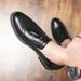 Euro Step Brogue Casual Loafers For Men Korean Style Trendy British Formal Black Leather Slip-On Lazy Shoes_vogvips.com