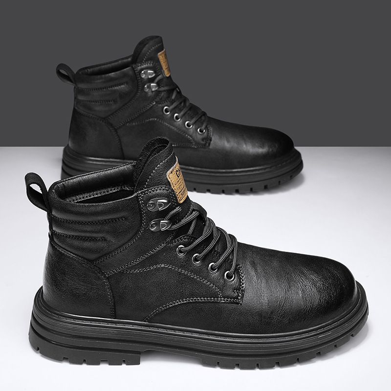 European Warm Series Martin Autumn Winter High Top British Style Casual Leather Shoes Men's Short New Versatile Trendy Mid-Top Work Boots_vogvips.com