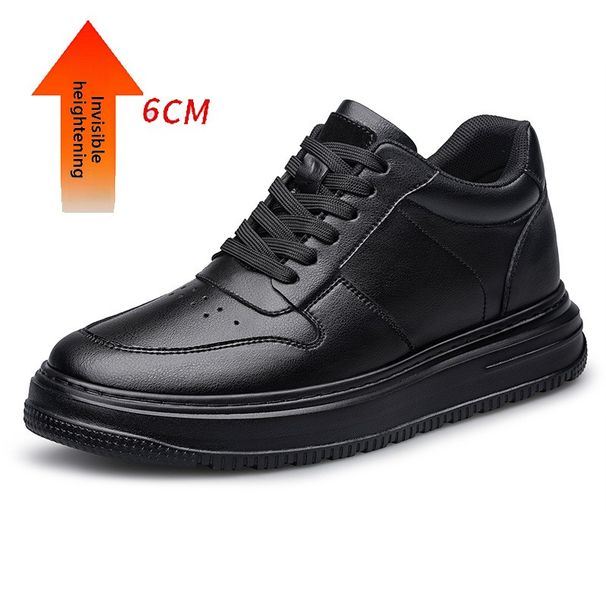 Round Toe Thick Soled Men's Board Shoes, Invisible Inner Height Increasing Board Shoes, Mid Top Casual Leather Shoes_vogvips.com