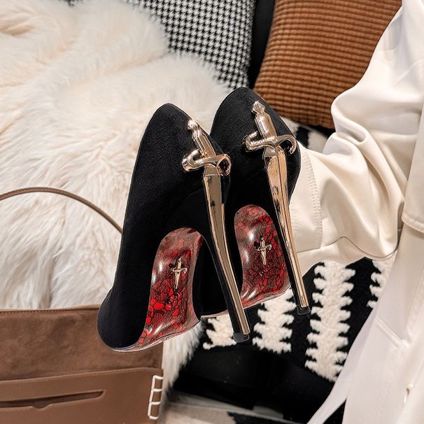 2026 New Model Gold Scepter Red Sole Printed High Heels, Thin Heel, Pointed Toe, Comfortable, Sexy, Elegant Shallow-Heel_vogvips.com