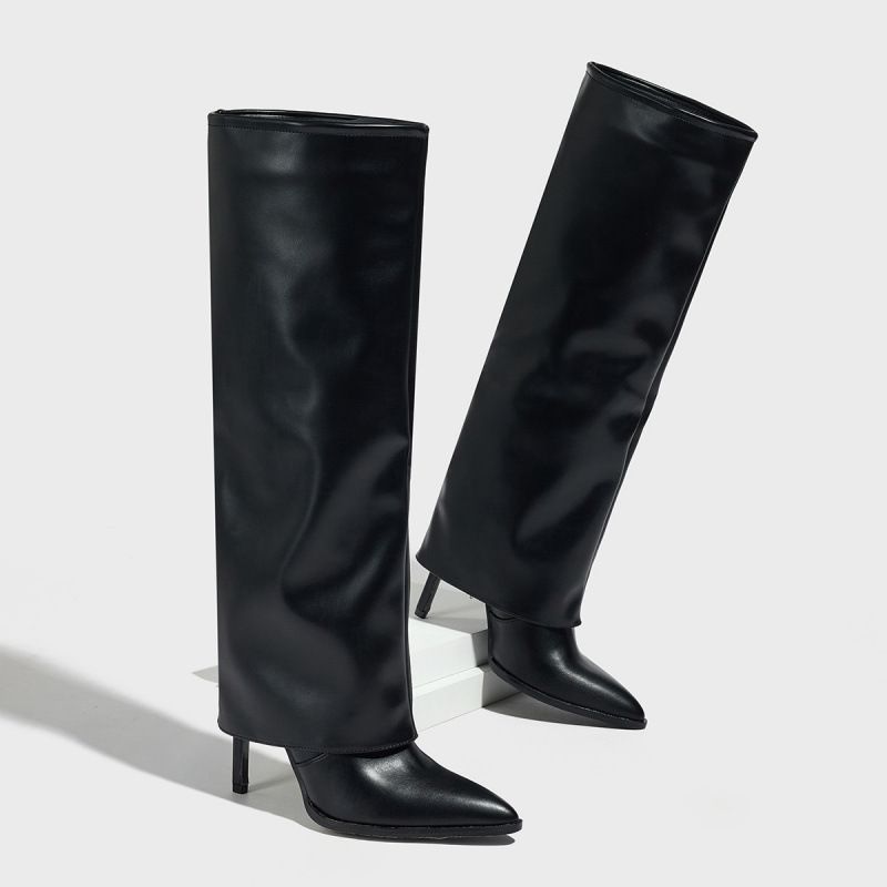 Elegant Pointed Toe Stiletto Knee High Riding Boots For Women & Men - Stylish Streetwear Black Leather Look Boots With High Heel_vogvips.com
