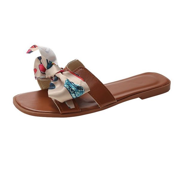 SHLIANG Colorful Ribbon Bow Flat Heel Sandals Women's Summer New Style Outer Wear Floral Pattern One-Row Slippers For Women Y0355_vogvips.com
