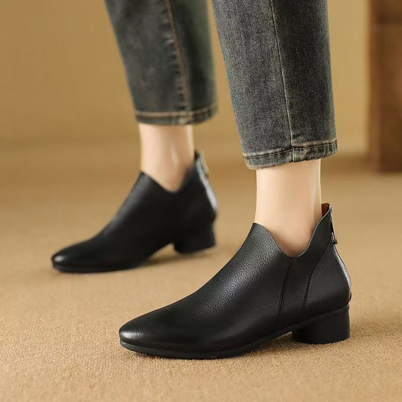 Autumn Winter New Thick Medium Heel Round Toe Short Back Zipper Fashion Martin Soft Leather Comfortable Women's Boots_vogvips.com