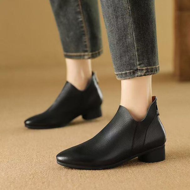 Autumn Winter New Thick Medium Heel Round Toe Short Back Zipper Fashion Martin Soft Leather Comfortable Women's Boots_vogvips.com