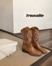 Instant Dispatch Su Yinyin He Sui Same Style Embroidered V-Cut Western Denim Mid-Calf Riding Boots For Women With Chunky_vogvips.com