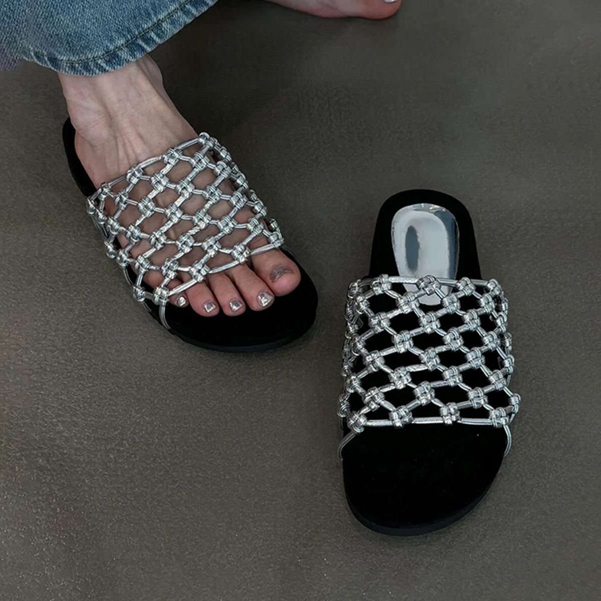 Sheepskin Version Hand Woven Fishing Net Hollow Thick Soled Beach Shoes For Women, Genuine Leather Versatile Casual Round Toed Open Toed Sandals_vogvips.com
