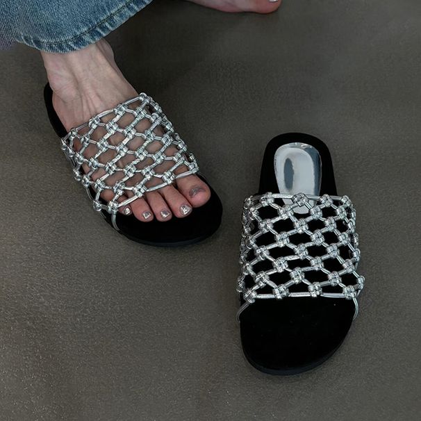 Sheepskin Version Hand Woven Fishing Net Hollow Thick Soled Beach Shoes For Women, Genuine Leather Versatile Casual Round Toed Open Toed Sandals_vogvips.com