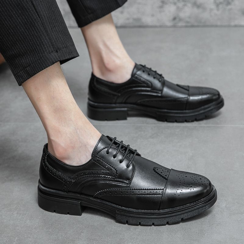 Euro Step Wear-Resistant Casual Leather Business Round Toe Thick Sole Men's Brogue Carved Wedding Height Increasing Shoes_vogvips.com