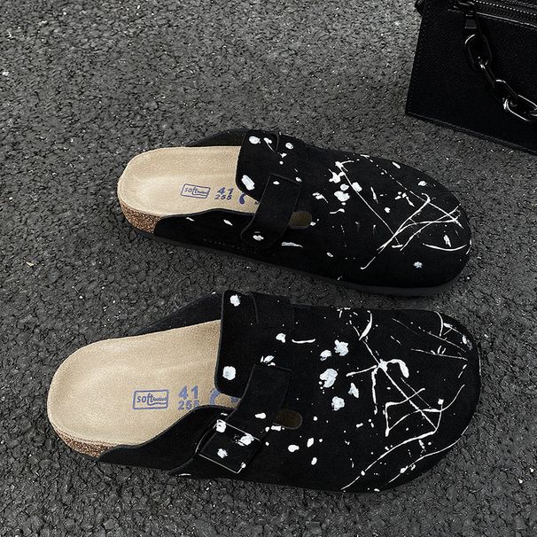 Spring Cork Mules For Men Women With Graffiti Design Wearing Beach Shoes Cow Genuine Leather Unisex Slippers Sandals_vogvips.com
