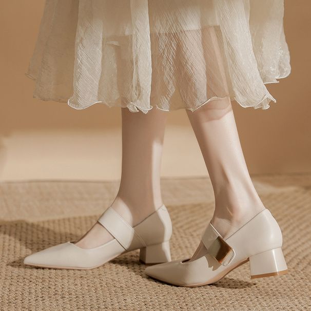 Mary Jane Mid-heel Pointed-toe Small Leather Shoes Are Versatile For Women. Soft Leather Is Comfortable And Comes With A Thick Heel_vogvips.com