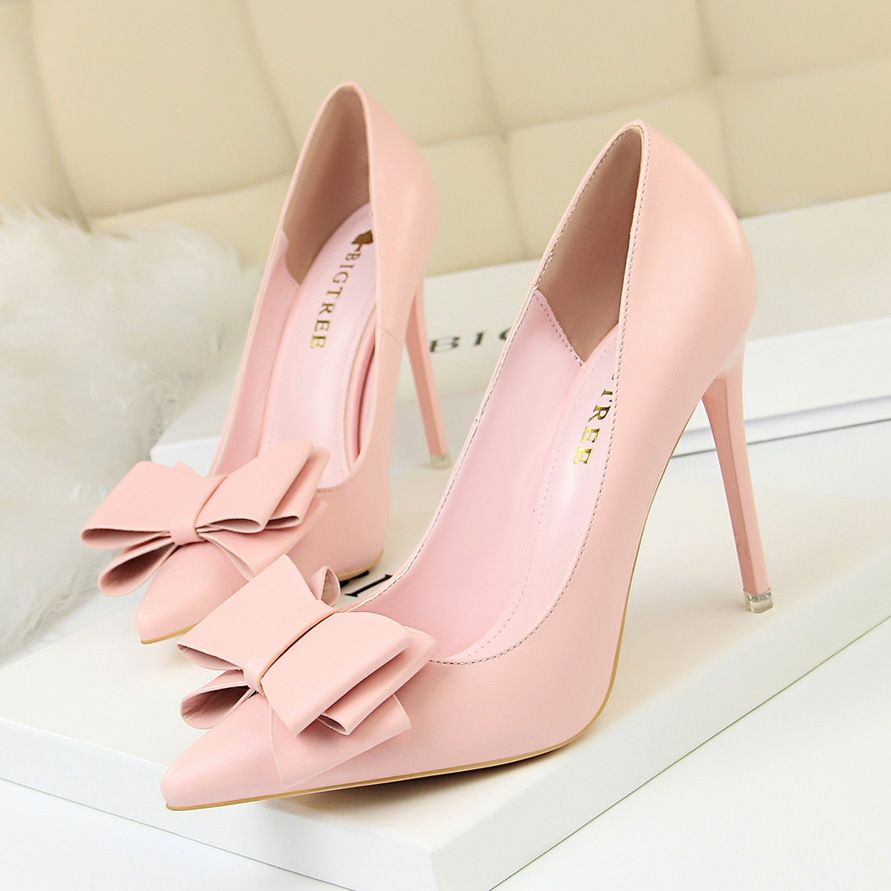 9511-18 Korean Style Fashion Sweet High Heels Thin Heel Elegant Slimming Shallow Mouth Pointed Toe Bowknot Single Shoes_vogvips.com