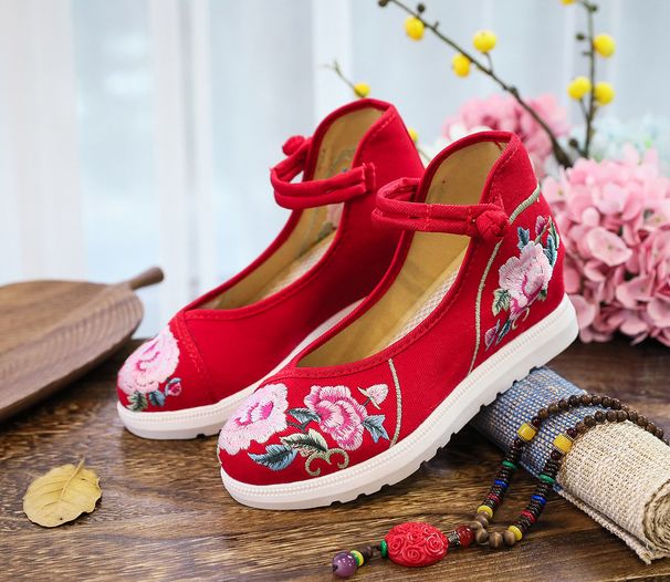 Women's Casual Single Shoes, High Heels, Embroidered Cloth Shoes With Raised Sloping Heels_vogvips.com